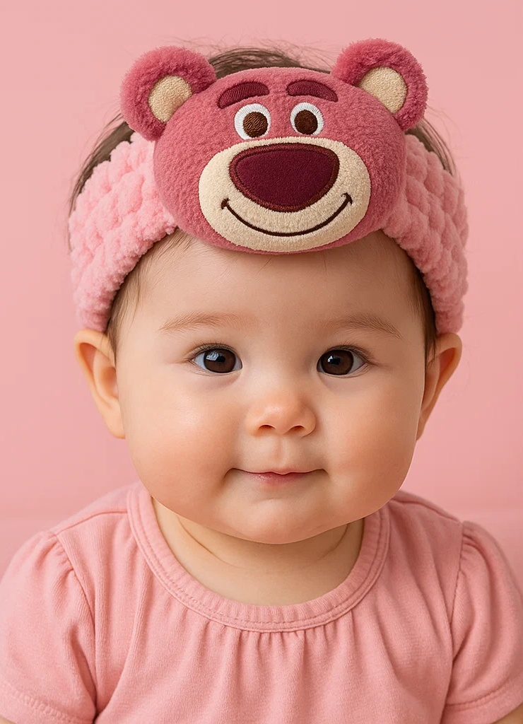 Lotso Bear Baby Headband – Soft Pink Plush Cartoon Hairband for Girls